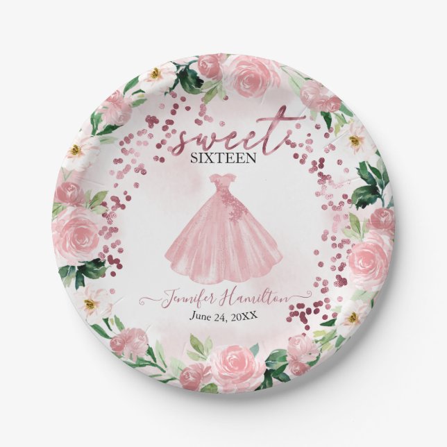 Sweet 16 Rose Gold Blush Floral Dress Paper Plate (Front)