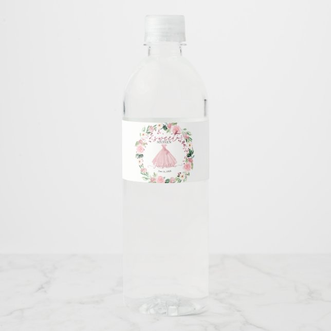 Sweet 16 Rose Gold Blush Floral Dress Water Bottle Label (Front)
