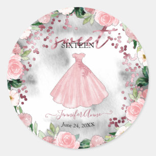 Sweet 16 Rose Gold Blush Floral Watercolor Dress Classic Round Sticker