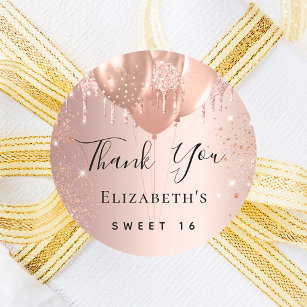 Sweet 16 rose gold blush glitter balloon Thank You Classic Round Sticker
