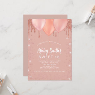 Sweet 16 Rose Gold Blush Glitter Balloons Invitation