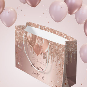 Sweet 16 rose gold blush glitter balloons large gift bag