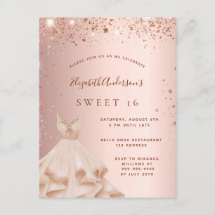Sweet 16 rose gold blush glitter dress invitation