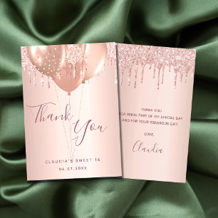 Sweet 16 rose gold blush glitter drips balloons thank you card
