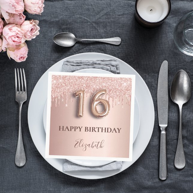 Sweet 16 rose gold blush glitter drips name napkin (Creator Uploaded)