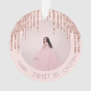 Sweet 16 rose gold blush glitter drips photo ornament
