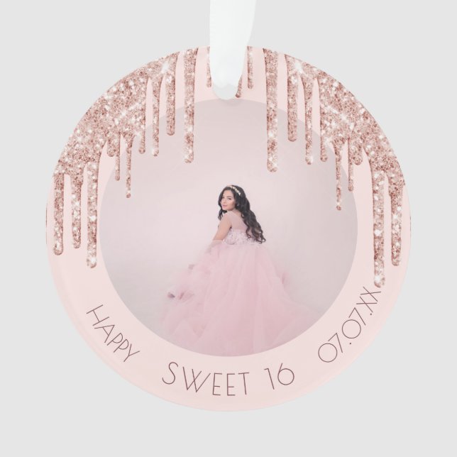 Sweet 16 rose gold blush glitter drips photo ornament (Front)