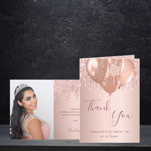 Sweet 16 rose gold blush glitter drips photo thank you card (Creator Uploaded)
