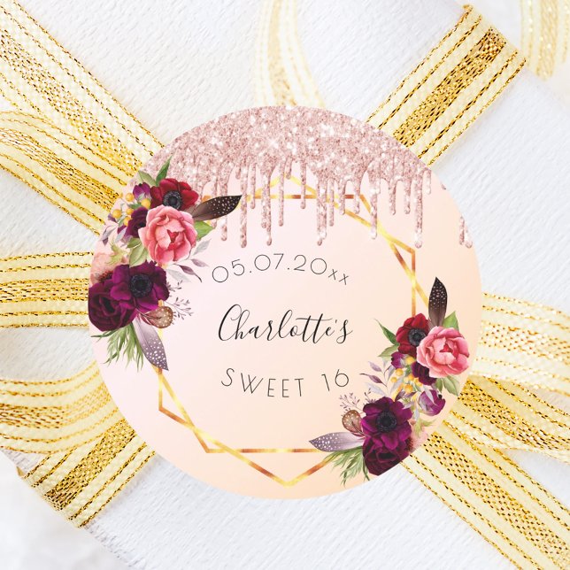Sweet 16 rose gold blush glitter floral geometric classic round sticker (Creator Uploaded)