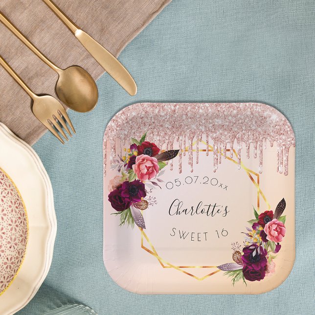 Sweet 16 rose gold blush glitter floral geometric paper plate (Creator Uploaded)