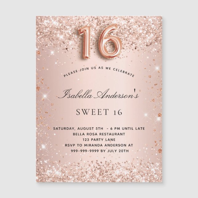 Sweet 16 rose gold blush glitter magnet invitation (Front)