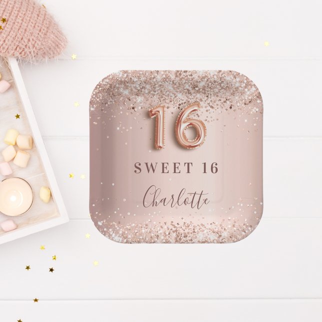 Sweet 16 rose gold blush glitter name elegant paper plate (Creator Uploaded)
