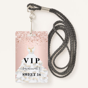 Sweet 16 rose gold blush glitter name vip ID badge