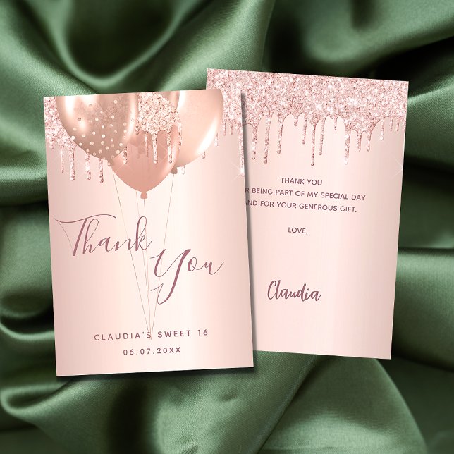 Sweet 16 rose gold blush glitter thank you card (Creator Uploaded)