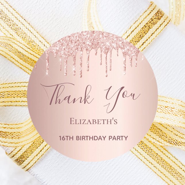 Sweet 16 rose gold blush glitter Thank You Classic Round Sticker (Creator Uploaded)