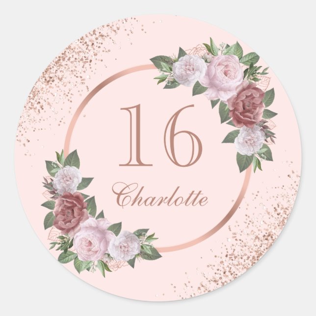 Sweet 16 Rose Gold Blush Pink Floral Birthday Classic Round Sticker (Front)