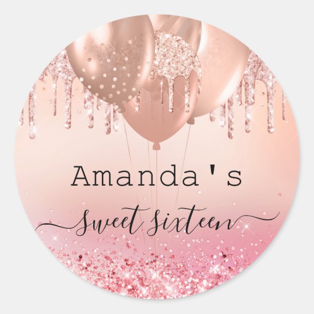 Sweet 16 rose gold blush pink glitter name classic round sticker (Front)