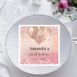 Sweet 16 rose gold blush pink glitter name napkin<br><div class="desc">A stylish rose gold and blush pink background with faux glitter drips and balloons. Personalise and add a name and age. The age/event is written with a hand lettereds tyle script with swashes. To keep the swashes only delete the sample text, leave the spaces or emoji's in front and after...</div>