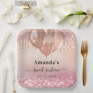 Sweet 16 rose gold blush pink glitter name paper plate