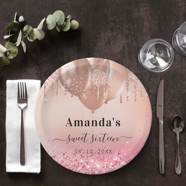 Sweet 16 rose gold blush pink glitter name paper plate (Creator Uploaded)