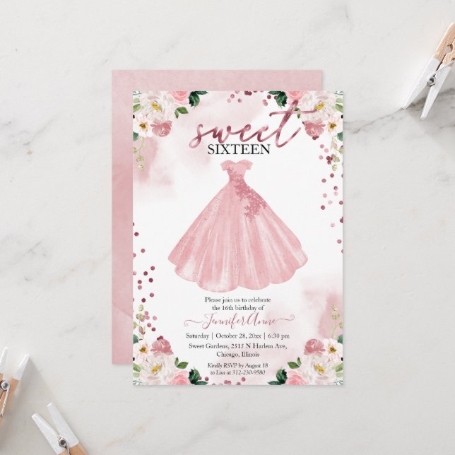 Sweet 16 Rose Gold Blush Watercolor Flowers Dress Invitation (Front/Back In Situ)