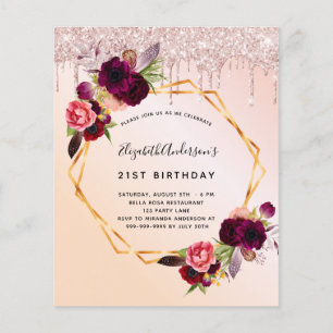 Sweet 16 rose gold Burgundy florals invitation Flyer