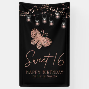 Sweet 16 Rose Gold Butterfly Chic Modern Birthday Banner