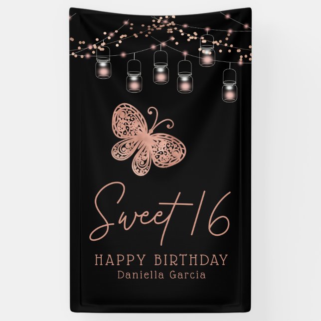 Sweet 16 Rose Gold Butterfly Chic Modern Birthday Banner (Vertical)