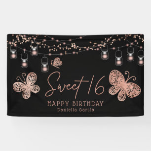 Sweet 16 Rose Gold Butterfly Chic Modern Birthday Banner