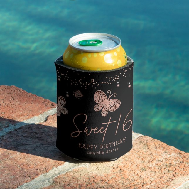Sweet 16 Rose Gold Butterfly Chic Modern Birthday Can Cooler (In Situ Pool)