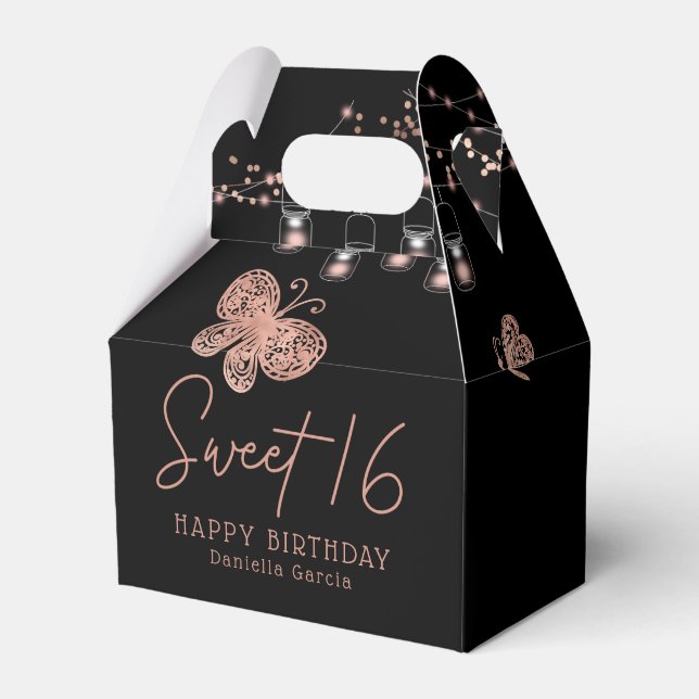 Sweet 16 Rose Gold Butterfly Chic Modern Birthday Favour Box (Front Side)