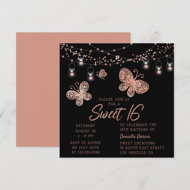 Sweet 16 Rose Gold Butterfly Chic Modern Birthday Invitation (Front/Back)