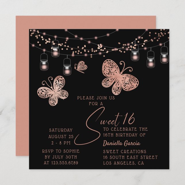 Sweet 16 Rose Gold Butterfly Chic Modern Birthday Invitation (Front/Back)