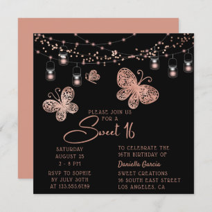 Sweet 16 Rose Gold Butterfly Chic Modern Birthday Invitation