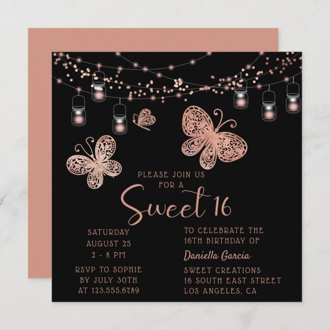 Sweet 16 Rose Gold Butterfly Chic Modern Birthday Invitation (Front/Back)