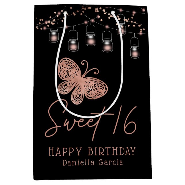 Sweet 16 Rose Gold Butterfly Chic Modern Birthday Medium Gift Bag (Front)