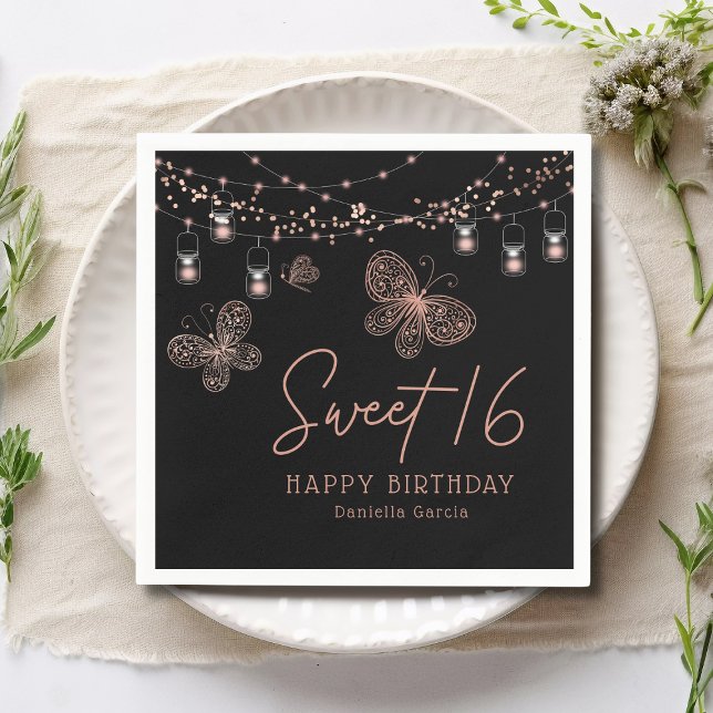 Sweet 16 Rose Gold Butterfly Chic Modern Birthday Napkin (Creator Uploaded)