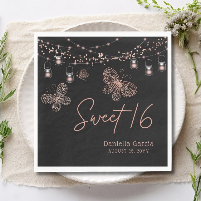 Sweet 16 Rose Gold Butterfly Chic Modern Birthday  Napkin (Creator Uploaded)
