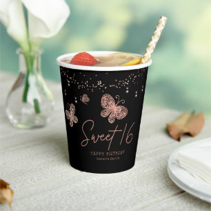 Sweet 16 Rose Gold Butterfly Chic Modern Birthday Paper Cups