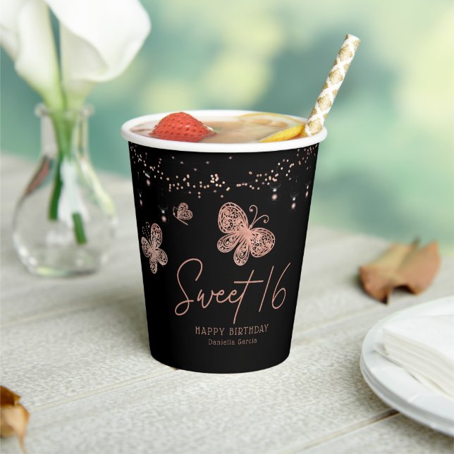 Sweet 16 Rose Gold Butterfly Chic Modern Birthday Paper Cups (Insitu)