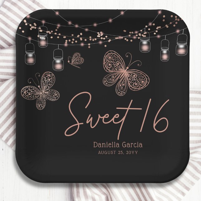 Sweet 16 Rose Gold Butterfly Chic Modern Birthday Paper Plate (Creator Uploaded)