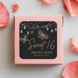 Sweet 16 Rose Gold Butterfly Chic Modern Birthday Square Sticker<br><div class="desc">Sweet 16 Rose Gold Butterfly Chic Modern Birthday Stickers & Labels features elegant rose gold butterflies with string lights on a black background with Sweet 16 in elegant calligraphy script and personalised with your name and date below. Personalise by editing the text in the text boxes. Designed for you by...</div>