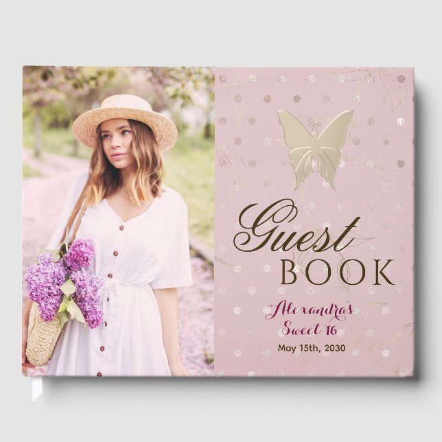 Sweet 16 Rose Gold Butterfly  Guest Book (Front)