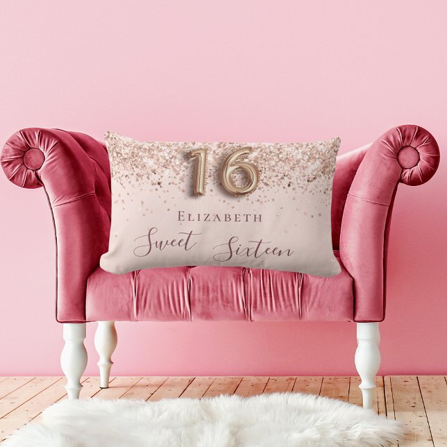Sweet 16 rose gold confetti name lumbar cushion (Creator Uploaded)