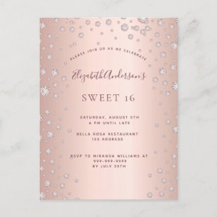 Sweet 16 rose gold diamonds glamourous invitation postcard