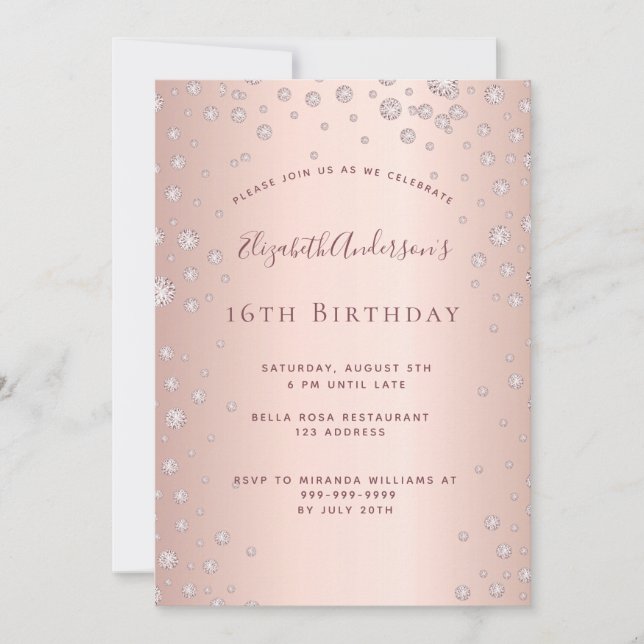 Sweet 16 rose gold diamonds invitation (Front)