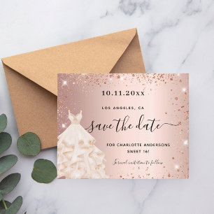 Sweet 16 rose gold dress budget save the date flyer