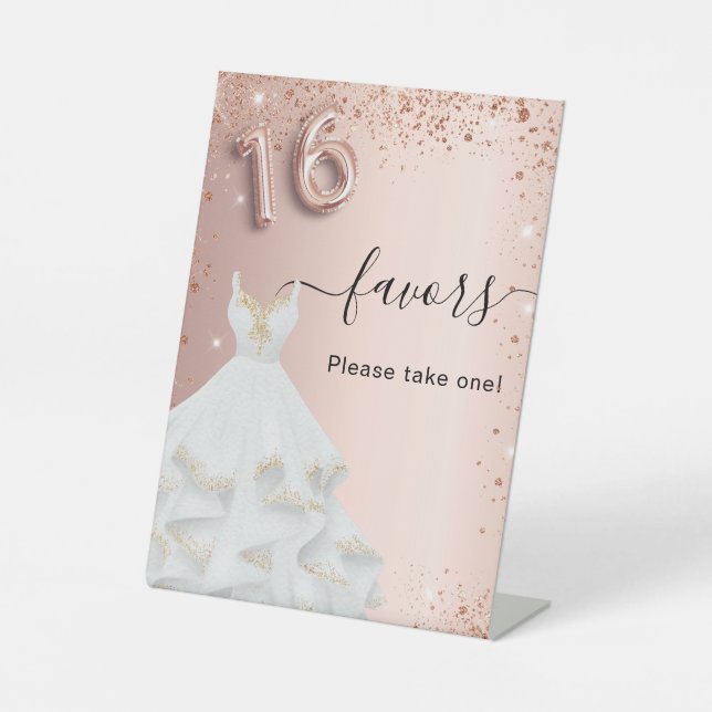 Sweet 16 rose gold dress party favours pedestal sign (Front)