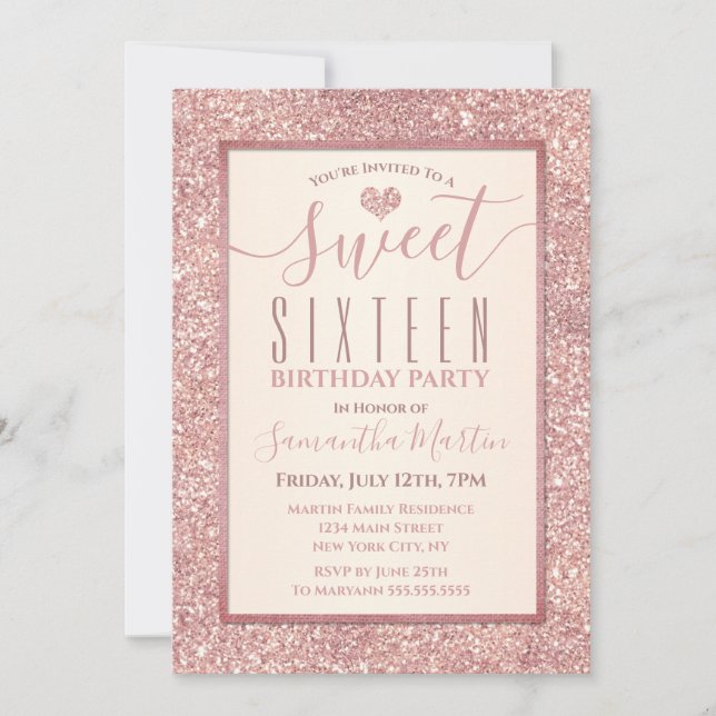 Sweet 16 Rose Gold Faux Glitter Birthday Party Invitation (Front)