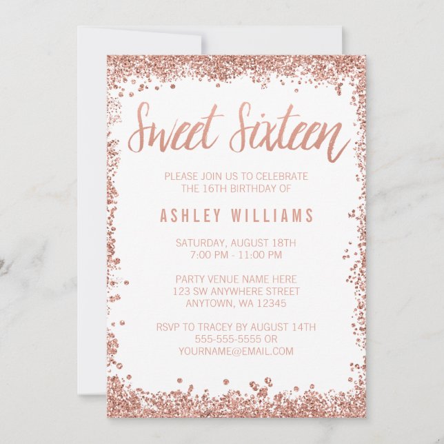 Sweet 16 Rose Gold Faux Glitter Birthday Party Invitation (Front)